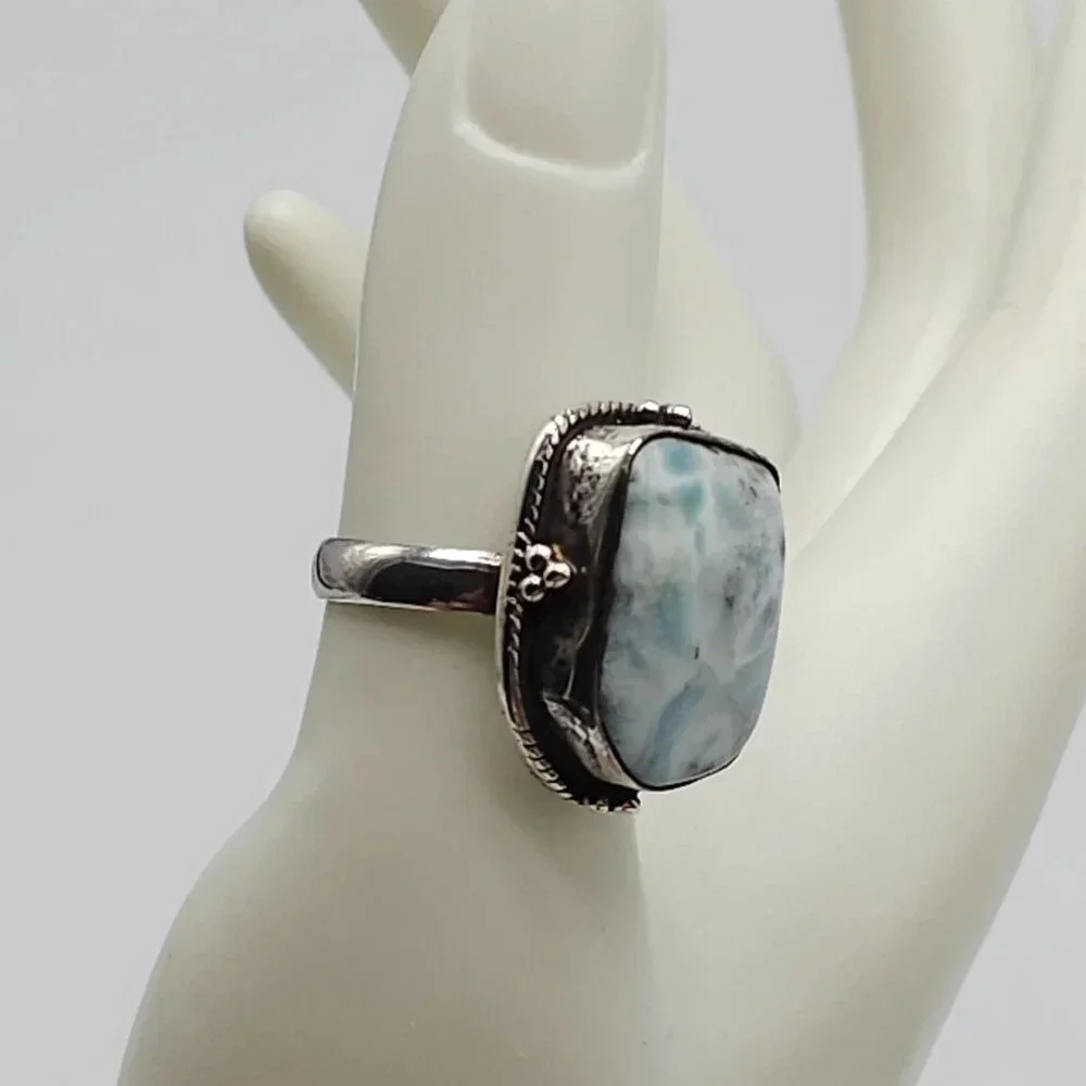 Sterling Silver 925 Vintage Blue Larimar Gemstone Statement Ring Size 7.5